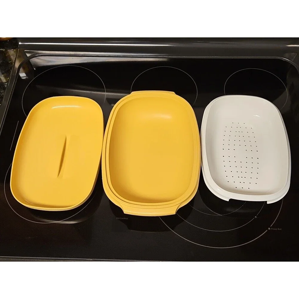 Vintage Tupperware Microwave Steamer #1273 Harvest Gold 3 Piece Set